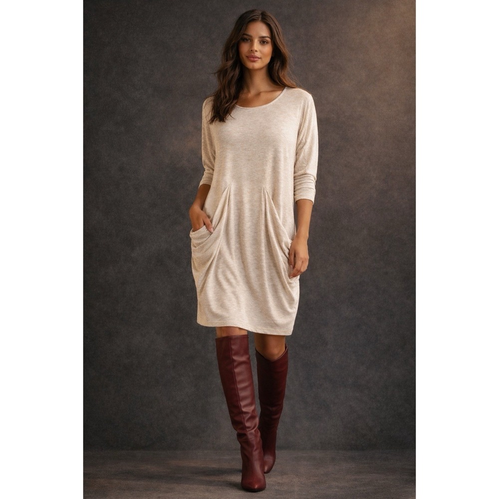 Joan Vass NWT Beige Knit Dress Draped Pockets 3/4 Sleeve Minimal XS/S